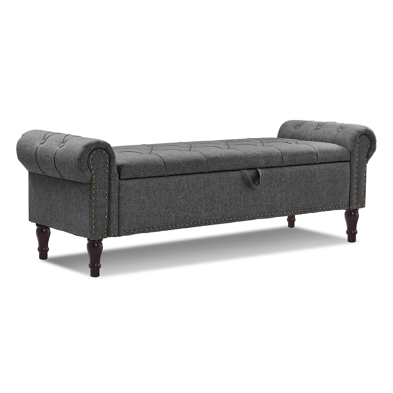 Modern Velvet Upholstered Storage Bench with Silver Nailhead Trim