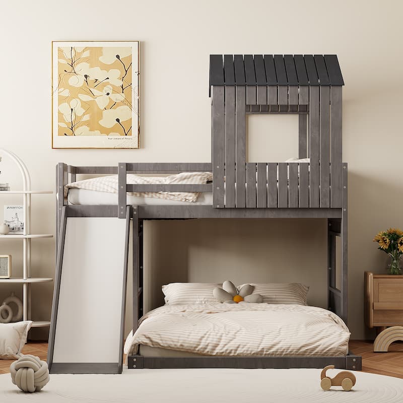 Playhouse Twin Over Full Bunk Bed with Windows and Slide, Solid Pine Wood Frame