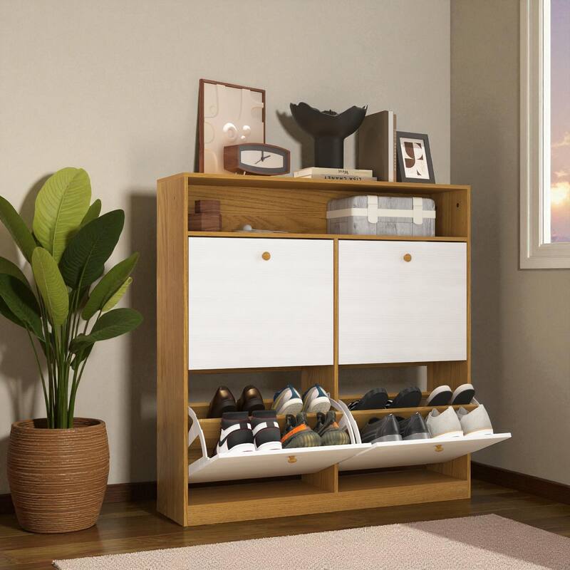 39.4" Shoe Storage Cabinet with 4 Flip Drawers, Large Freestanding Entryway Shoe Organizer with Wooden Handles and Anti-Tip Kit