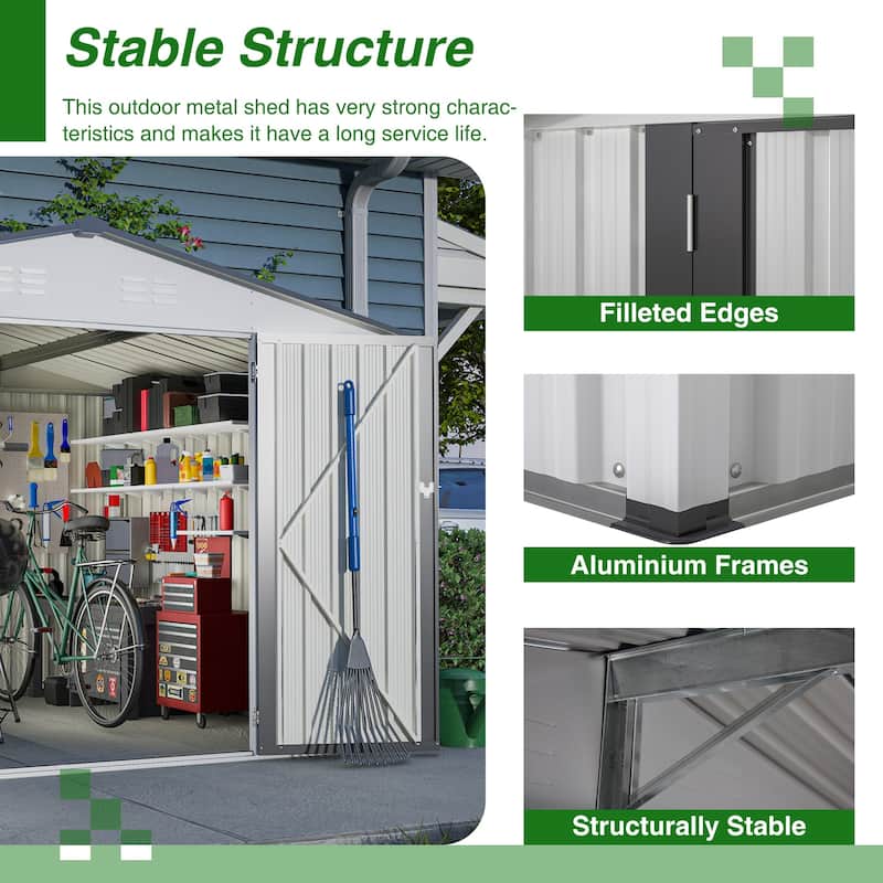 Outdoor 10 x 8 ft White Grey Metal Outdoor Storage Shed with Lockable Doors and Vents