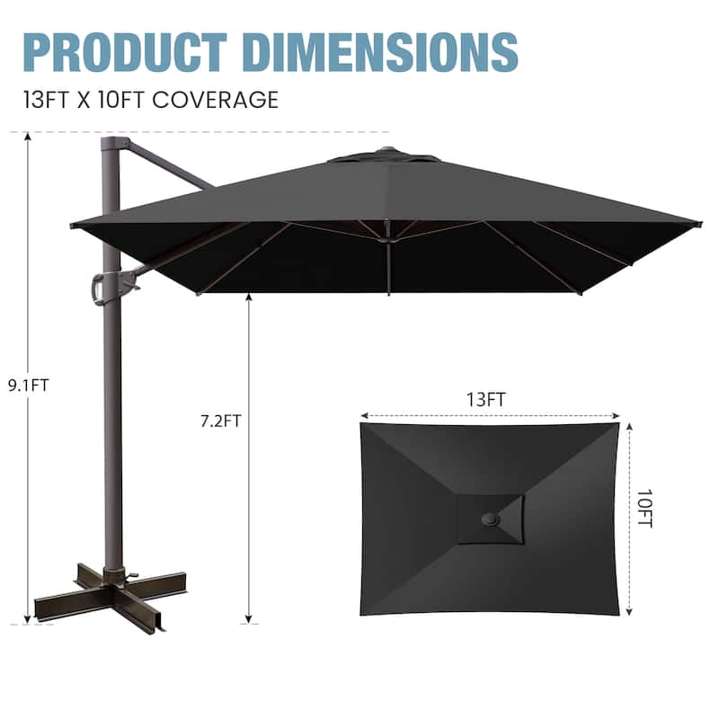 VredHom 10x13FT Patio Cantilever Umbrella Outdoor Offset Umbrella 360-Degree Rotation