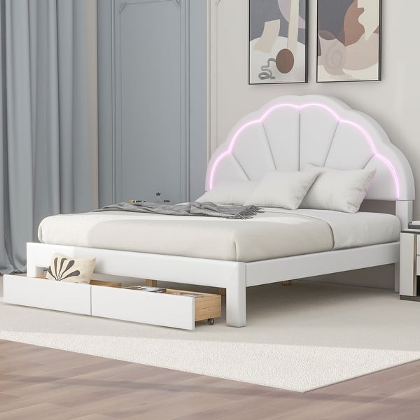 slide 2 of 18, Queen Size Upholstered Platform Bed with Seashell Headboard, LED Lighting, and 2 Drawers - High-Density Comfort White