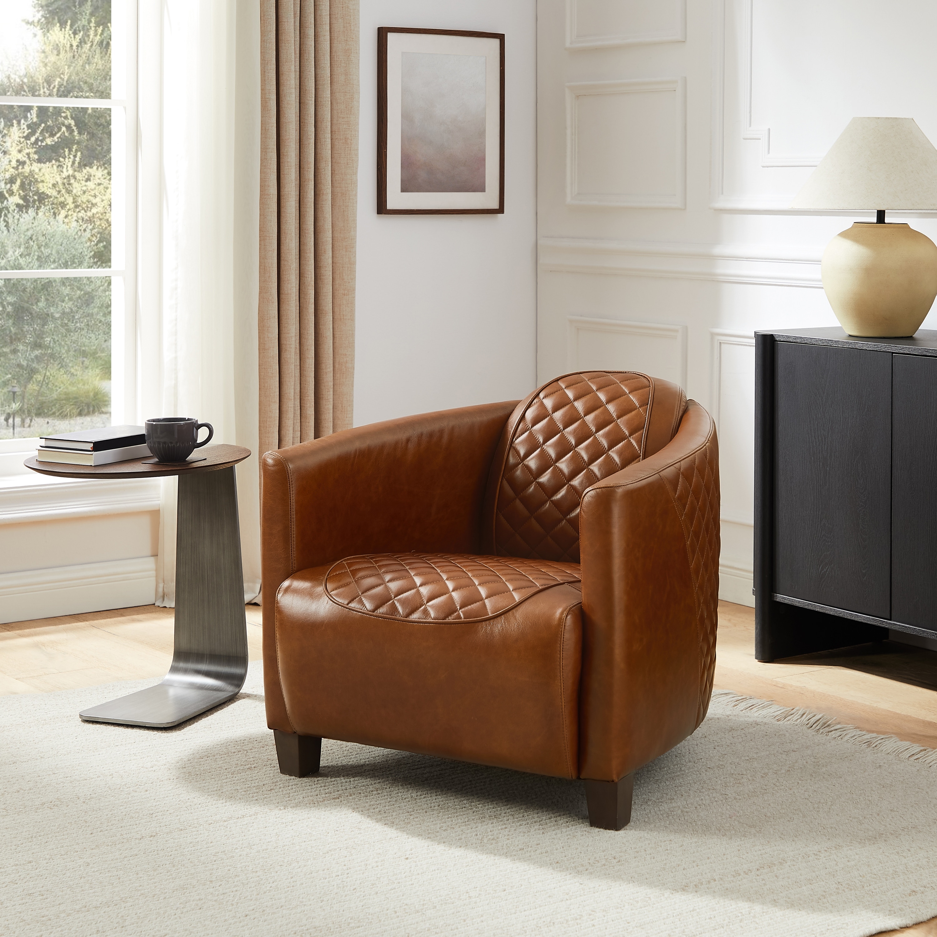 Mid-century and Modern Top Grain Leather Accent Arm Chair