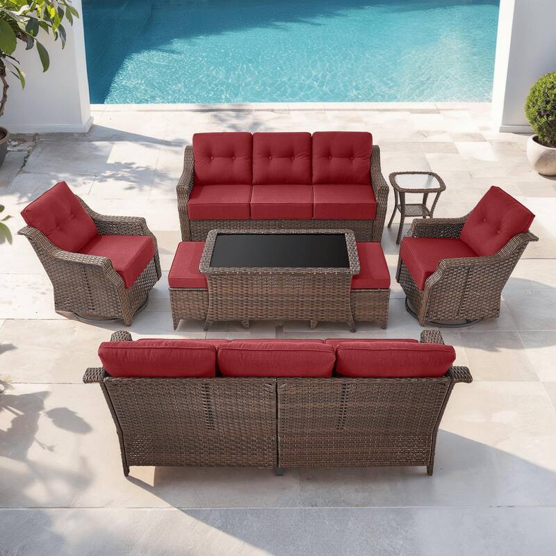 Outdoor Wicker Rattan Sofa Set for Garden - Brown Wicker & Red Cushion - 8PCS Sofa Glider Chair Table and Ottoman
