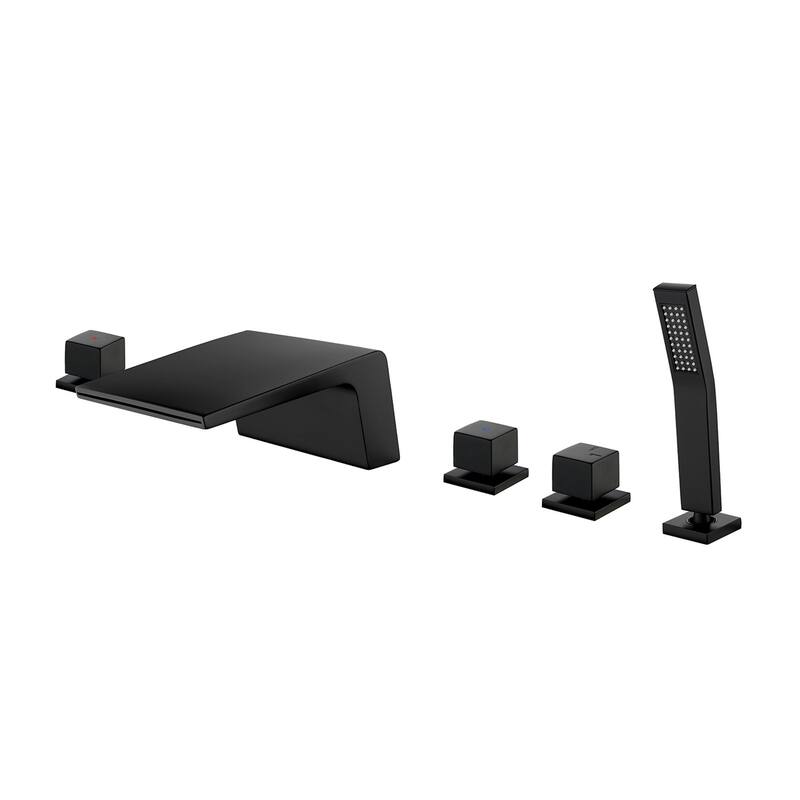 Deck Mount Waterfall Tub Faucet With Hand Shower Brass Roman Bathtub Faucet Modern Tub Filler With Handheld Showe - Matte Black