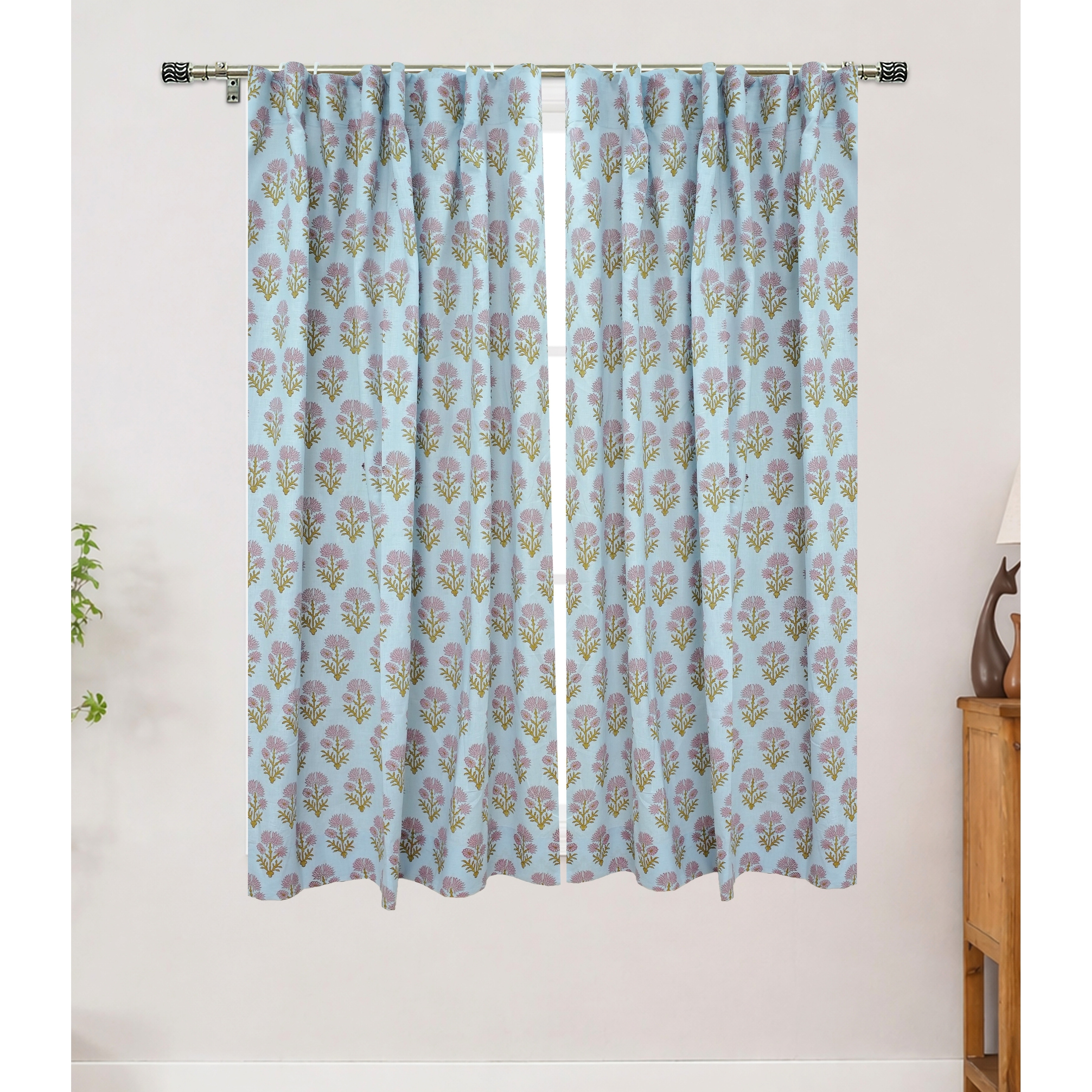 Fabdivine Ethnic Handmade Floral Block Print Curtain Panel for Elegant Home Window Décor, Juhi