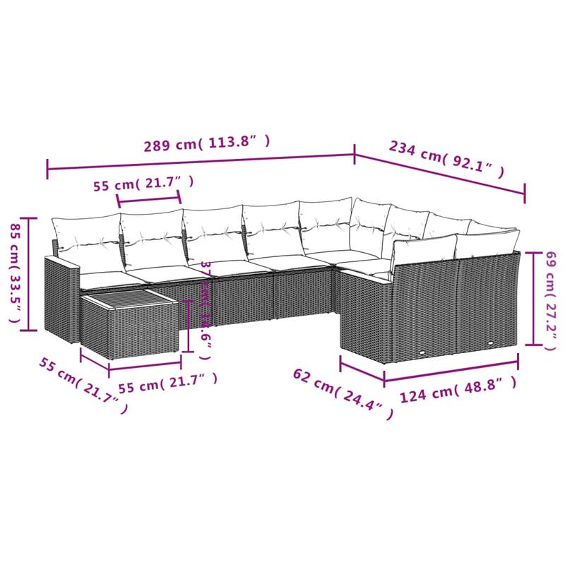 vidaXL 10 Piece Patio Sofa Set with Cushions Black Poly Rattan - 24.4x27.2x24.4