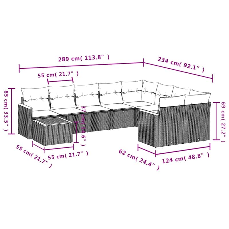 vidaXL Patio Sofa Set with Cushions Outdoor Furniture 10 Piece Poly Rattan - 24.4 x 24.4 x 27.2 in
