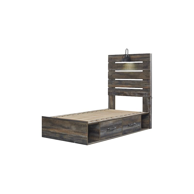 Drystan Rustic Brown Panel Bed with 2 Under Bed Storage Drawers