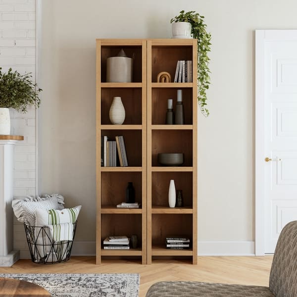 Prepac Moda 80" H 5-Tier Narrow Bookcase, Modern Storage Accent Bookshelf with 3 Adjustable Shelves for Home Office, Living Room - Natural Oak