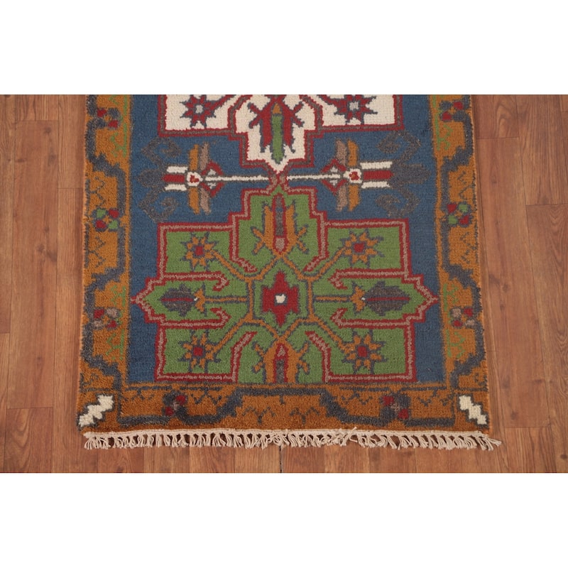 Blue Geometric Heriz Serapi Oriental Runner Rug Handmade Wool Carpet - 2'7"x 7'10"