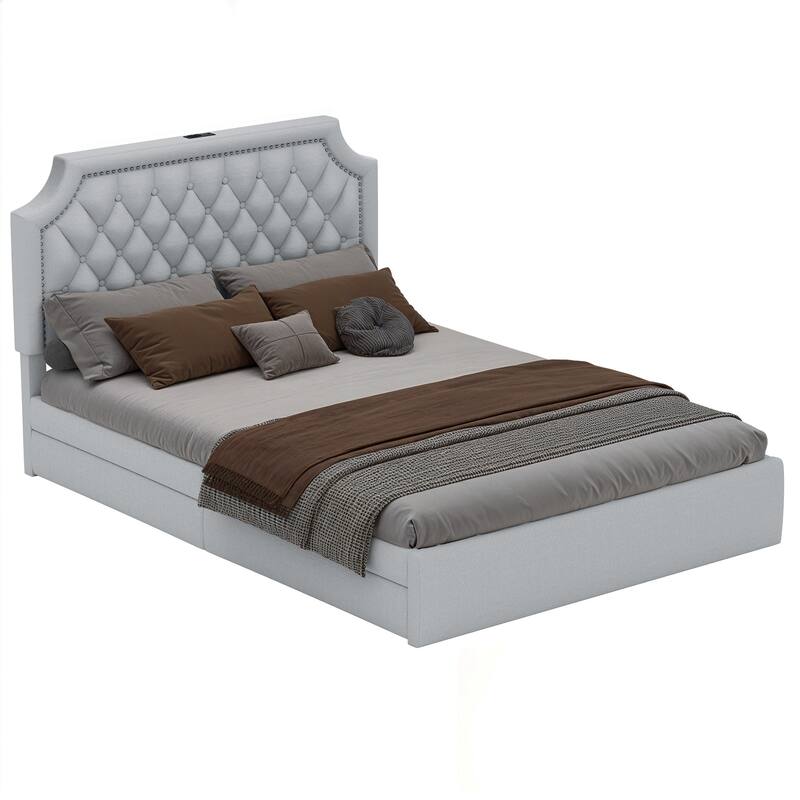 Moasis Velvet/Linen Upholstered Bedframe with Adjustable Headboard and 4 Storage Drawers