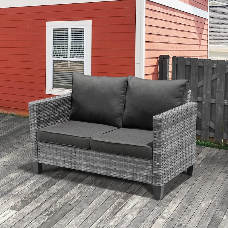 OVIOS Patio Outdoor Grey Wicker Loveseat - Black