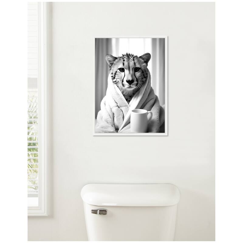 Kate and Laurel Sylvie Cheetah Bathroom Art Towel Robe Black and White Framed Canvas by The Creative Bunch Studio