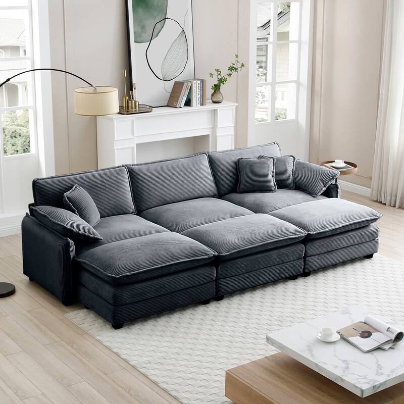 Grey 6-piece Corduroy Upholstered Modular Sleeper Sectional Sofa with 3 Removable Ottoman and 5 Pillows, Free Combination - Grey