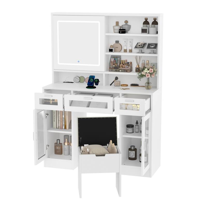 41.3" Makeup Vanity with Sliding Mirror and LED Lights, Dressing Table with Storage Stool, 3 Drawers and 2 RGB Cabinets