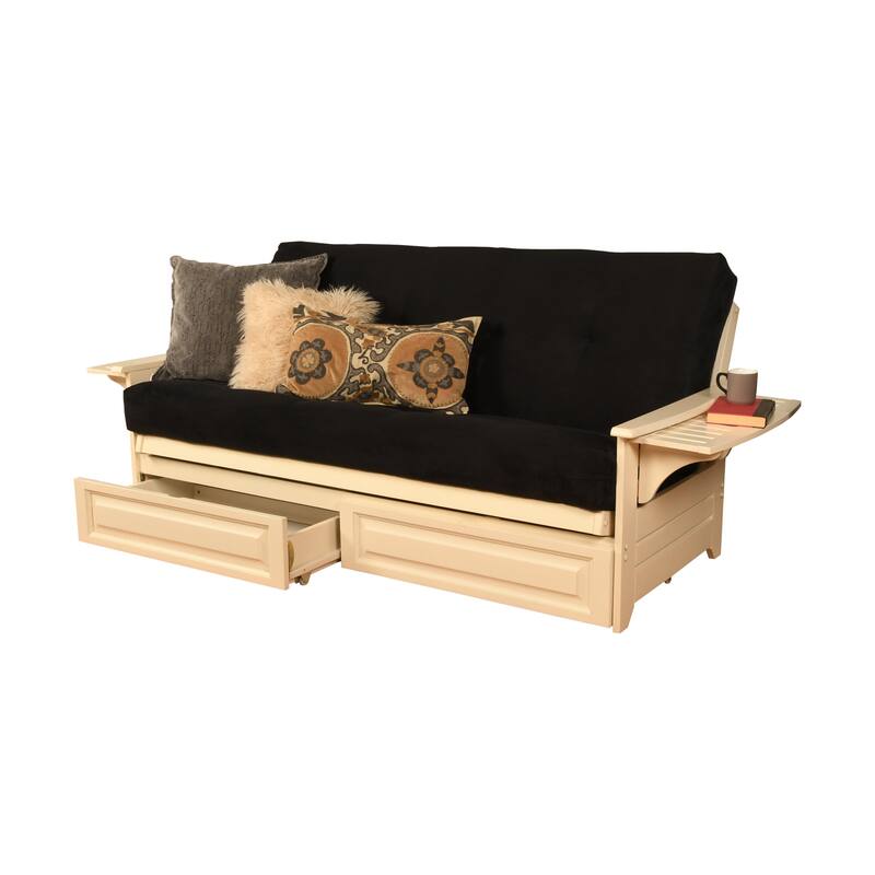 Somette Phoenix Futon Set in Antique White Wood with Innerspring Mattress and Storage Drawers