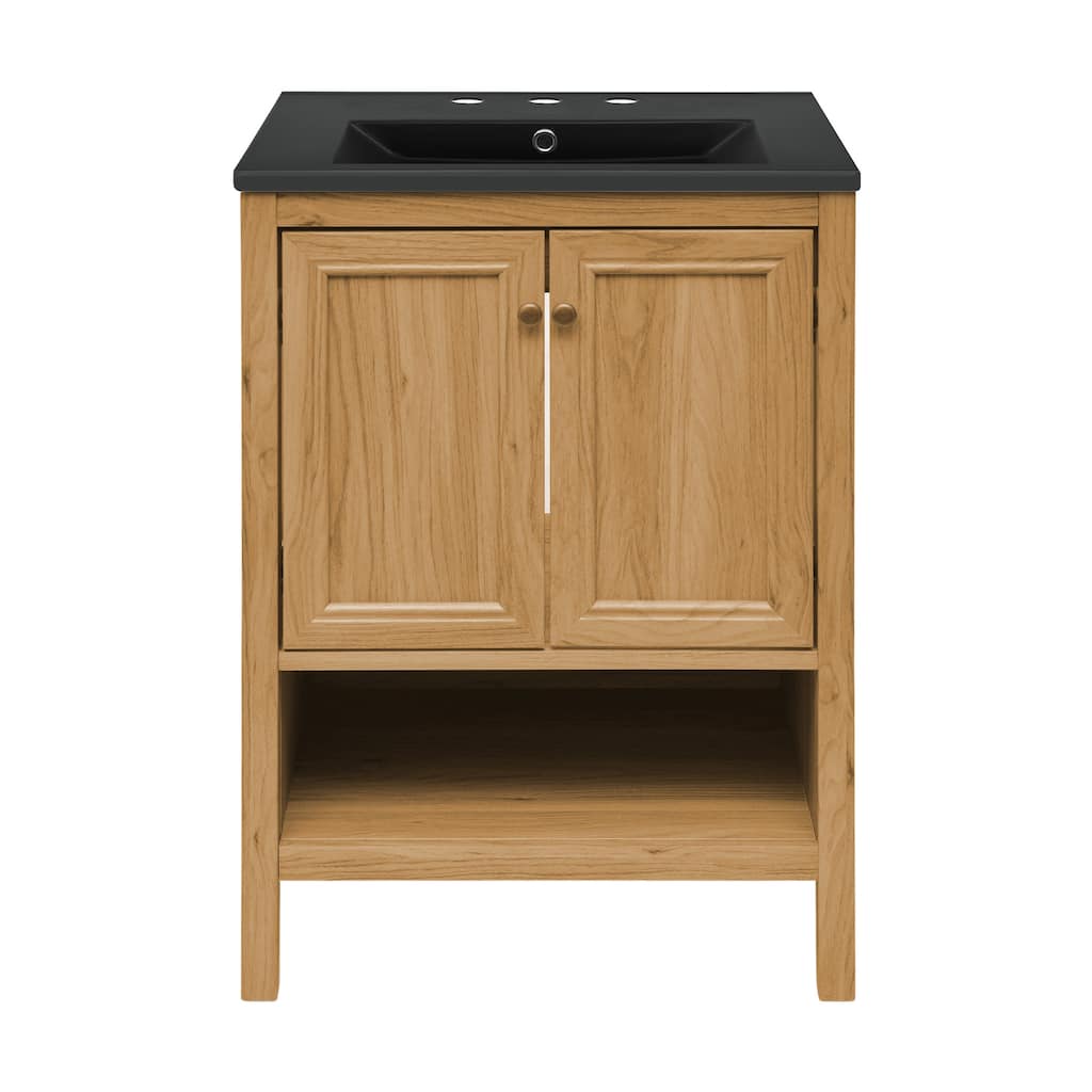 Chteau 24 In. Natural Oak Bathroom Vanity With Black, 3-Hole Ceramic Sink Top