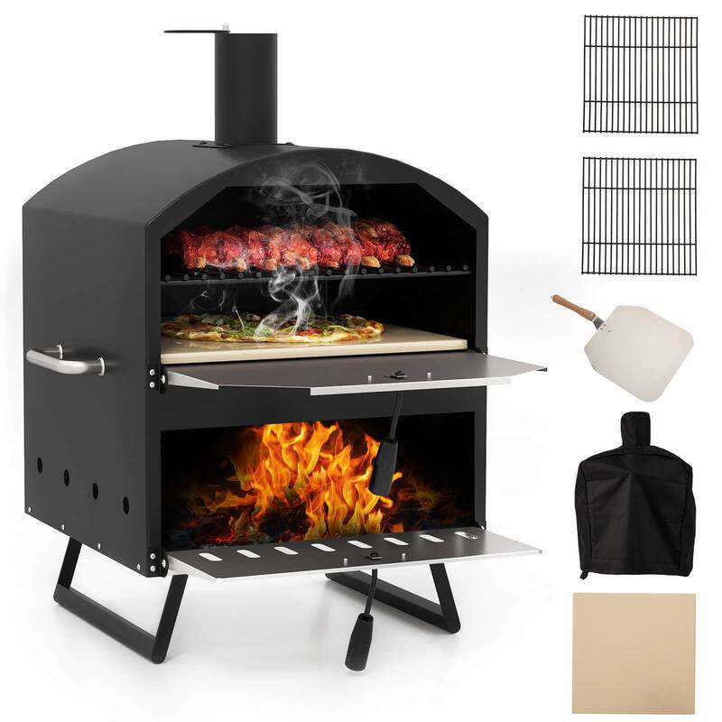 Costway 16" Outdoor Pizza Oven with Stone Peel & Grill Racks Folding - See Details - Black - Metal