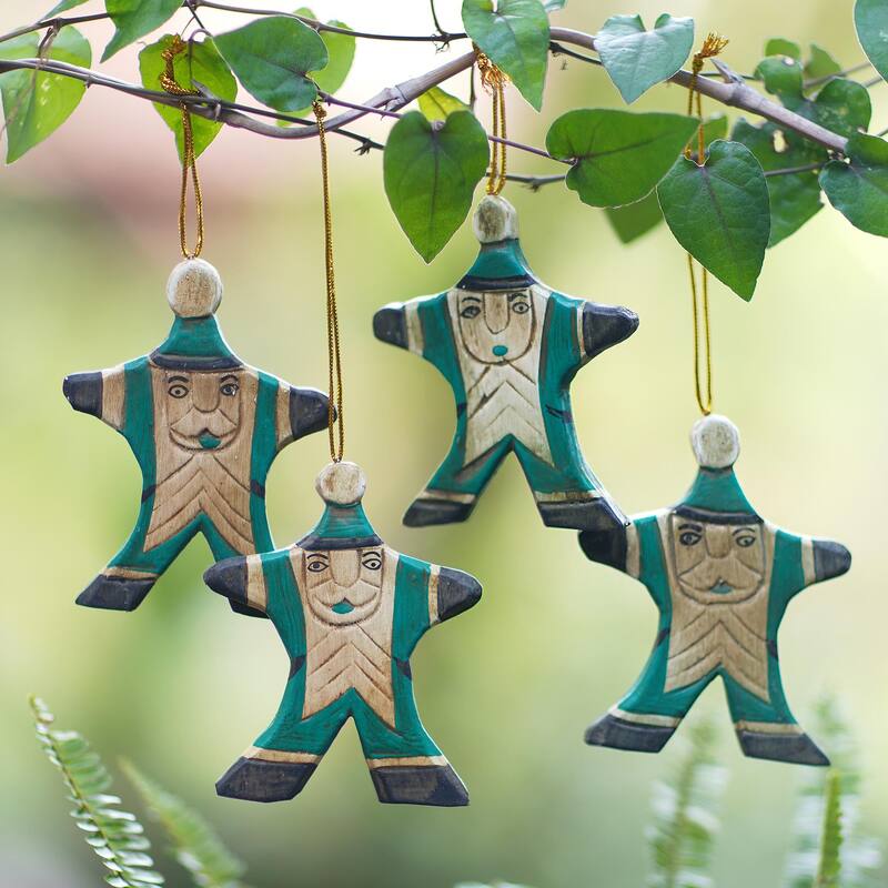 Handmade Wood ornaments, 'Happy Green Santa' (Indonesia) - 3.5" H x 2.8" W x 0.2" D