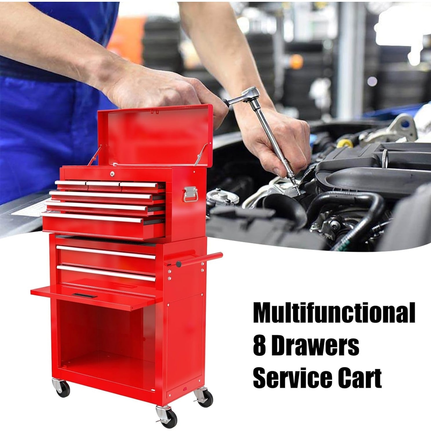 Tool Chest with 8 Drawers, Lockable Rolling Tool Box with Wheels - Red