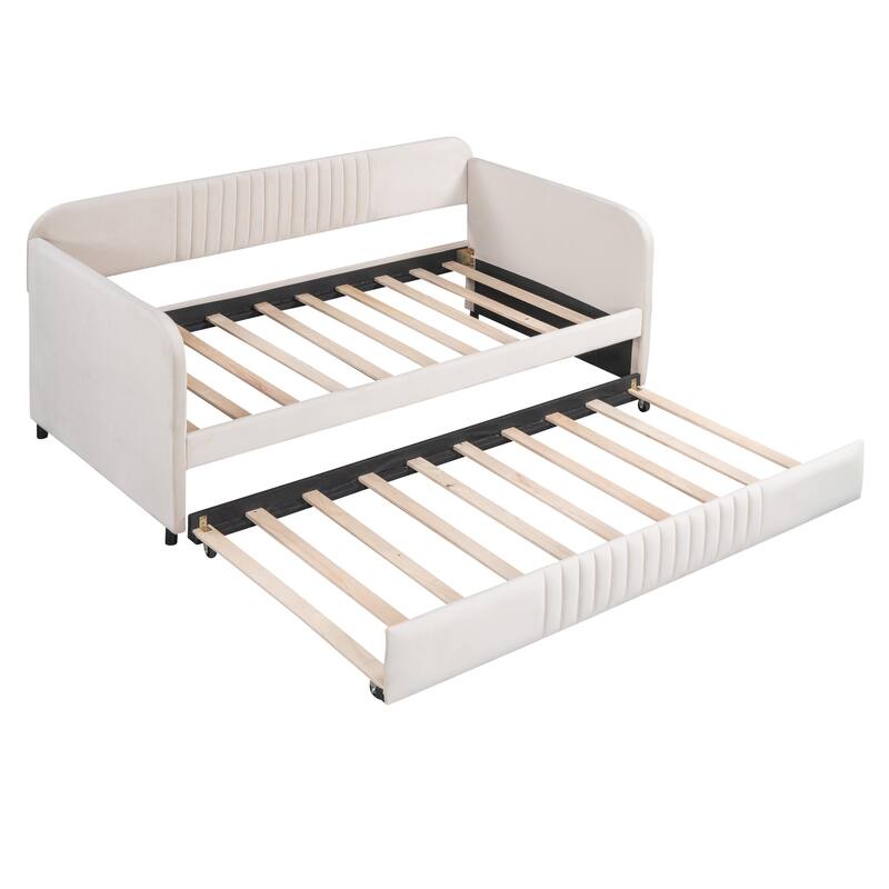 Twin Upholstered Daybed with Trundle Bed - Velvet Fabric Sofa Bed with Wood Slats, for Small Spaces, No Box Spring Needed