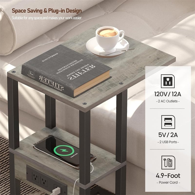 C Shaped End Table with Charging Station - 11.8"D x 15.4"W x 23.4"H