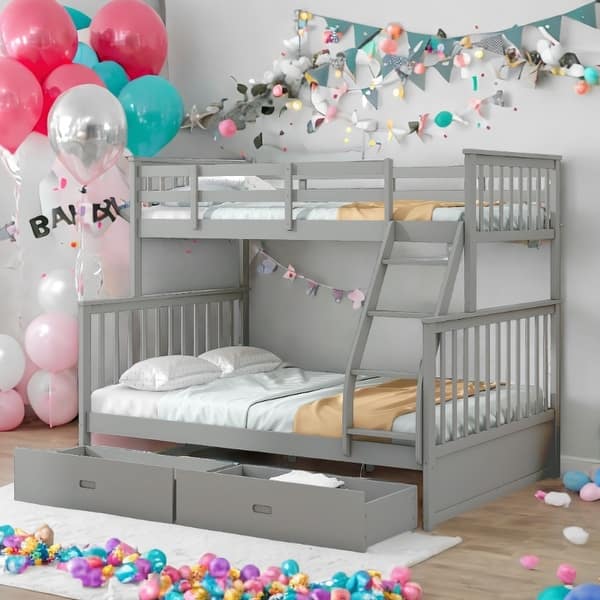 slide 2 of 65, Twin over Twin House Bunk Bed With Shelves And Drawers Grey