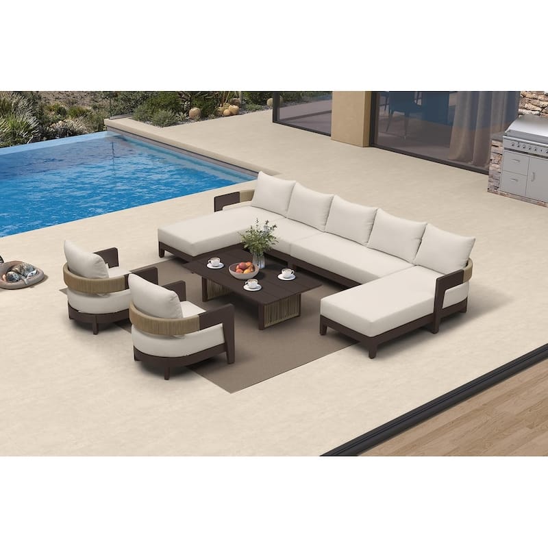 PURPLE LEAF Modern Aluminum Sectional Sofa with 7.87" Cushions for Yard Porch Deck Outdoor Conversation Sets - 7-Seat w/ Table - Symmetrical