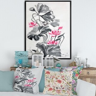 Designart "Pink Vintage Lotus Flower" Traditional Framed Canvas Wall ...
