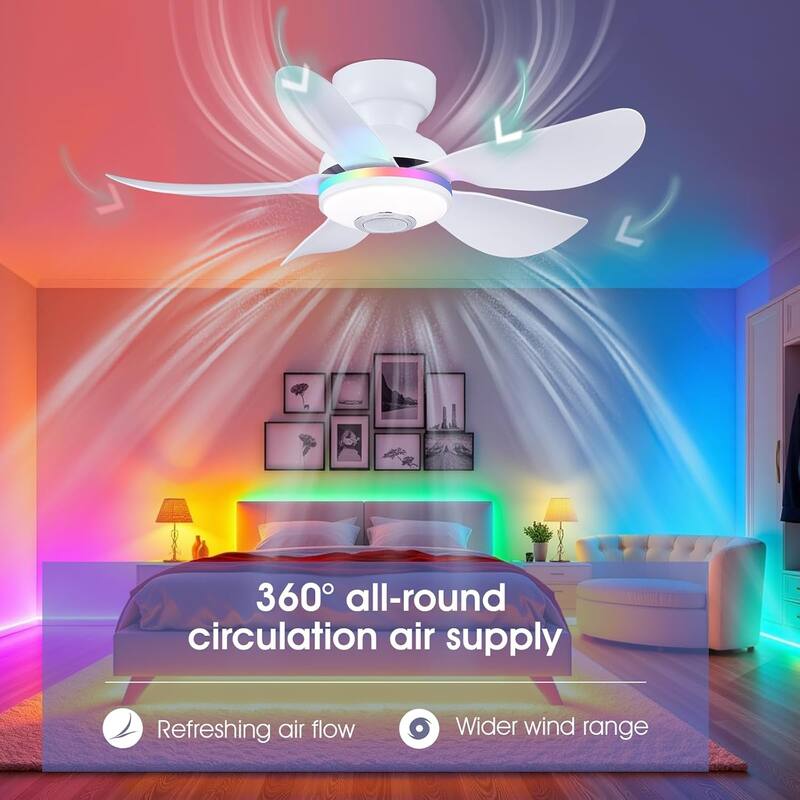 Kviflon 36/46 inches RGB Flush Mount Ceiling Fan with Light and Remote and Speaker