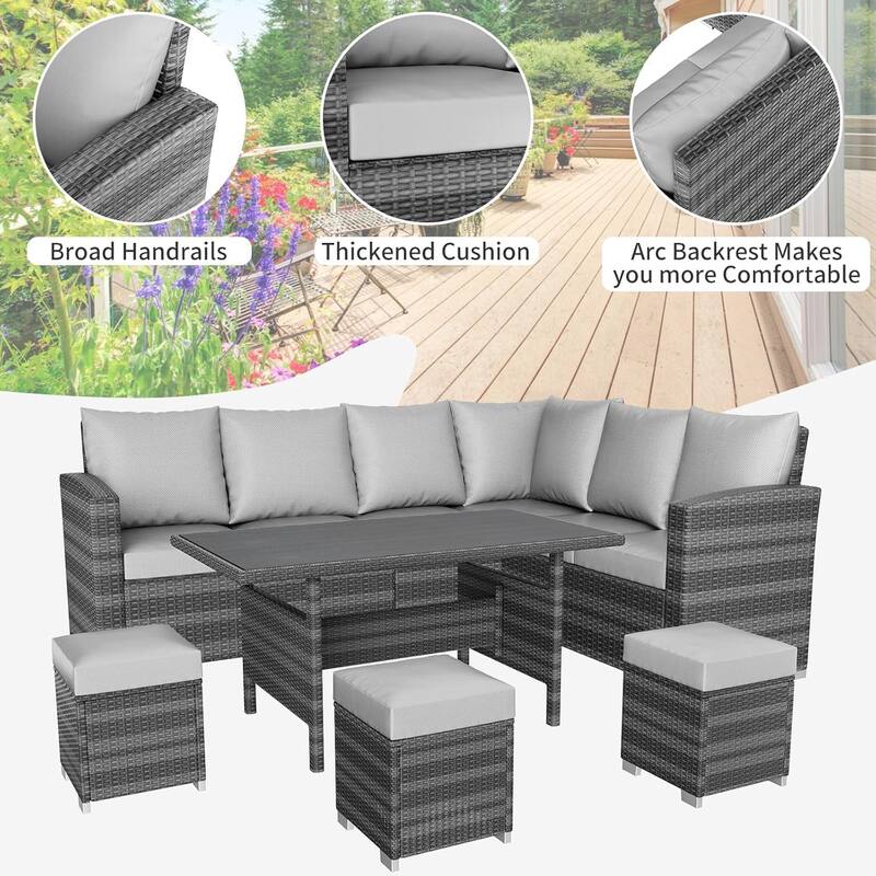 7-Piece Outdoor Patio Sectional Sofa Set with Dining Table – All-Weather PE Wicker Conversation Set