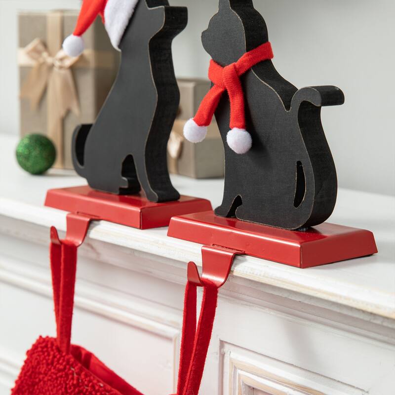 Glitzhome Wooden/Metal Cat & Dog Christmas Stocking Holders Mantel Ornament