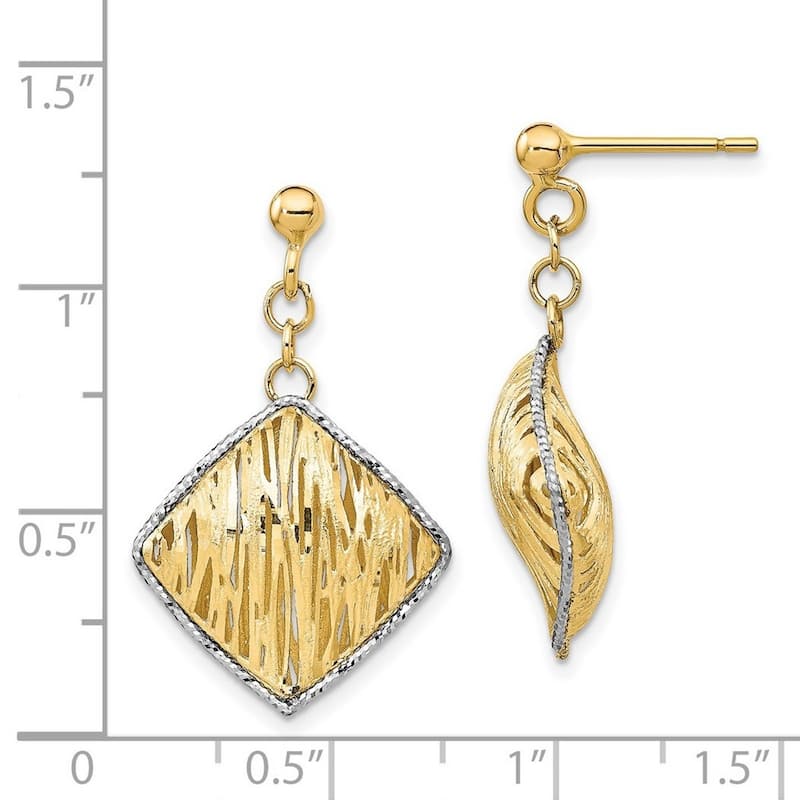 Curata 14k Yellow Gold and White Rhodium Polished And Sparkle Cut Dangle Post Earrings
