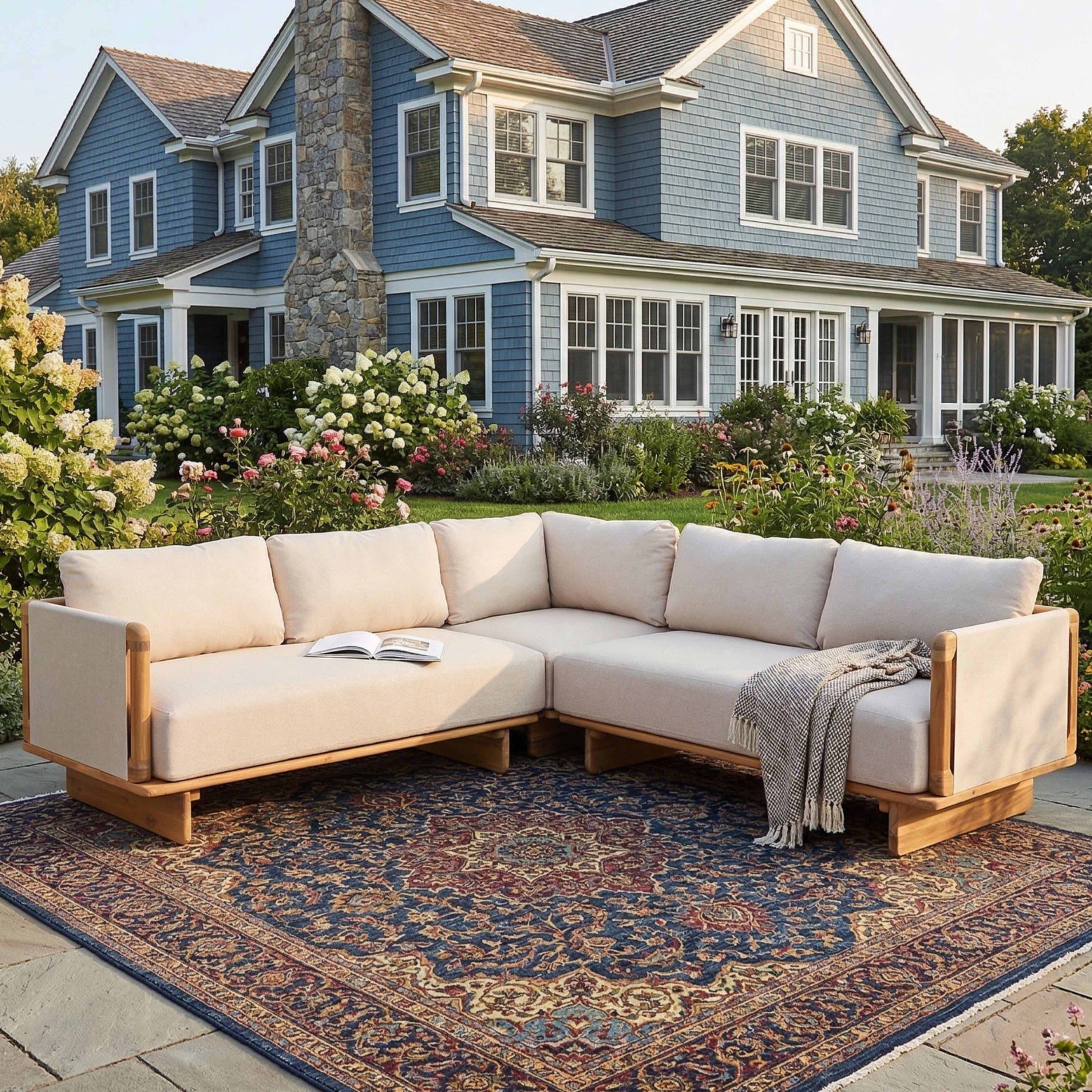 Christopher Knight Home - Dunley Outdoor V-Shape Sectional Sofa, Acacia Wood Frame with Plush Cushions - 3-Piece