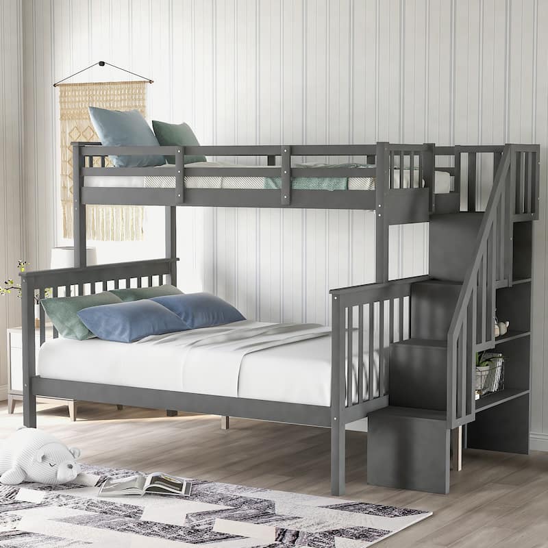 Twin-Over-Full Bunk Bed with Storage Stairs, Guard Rail & Trundle, Gray Finish, No Box Spring Needed - Gray