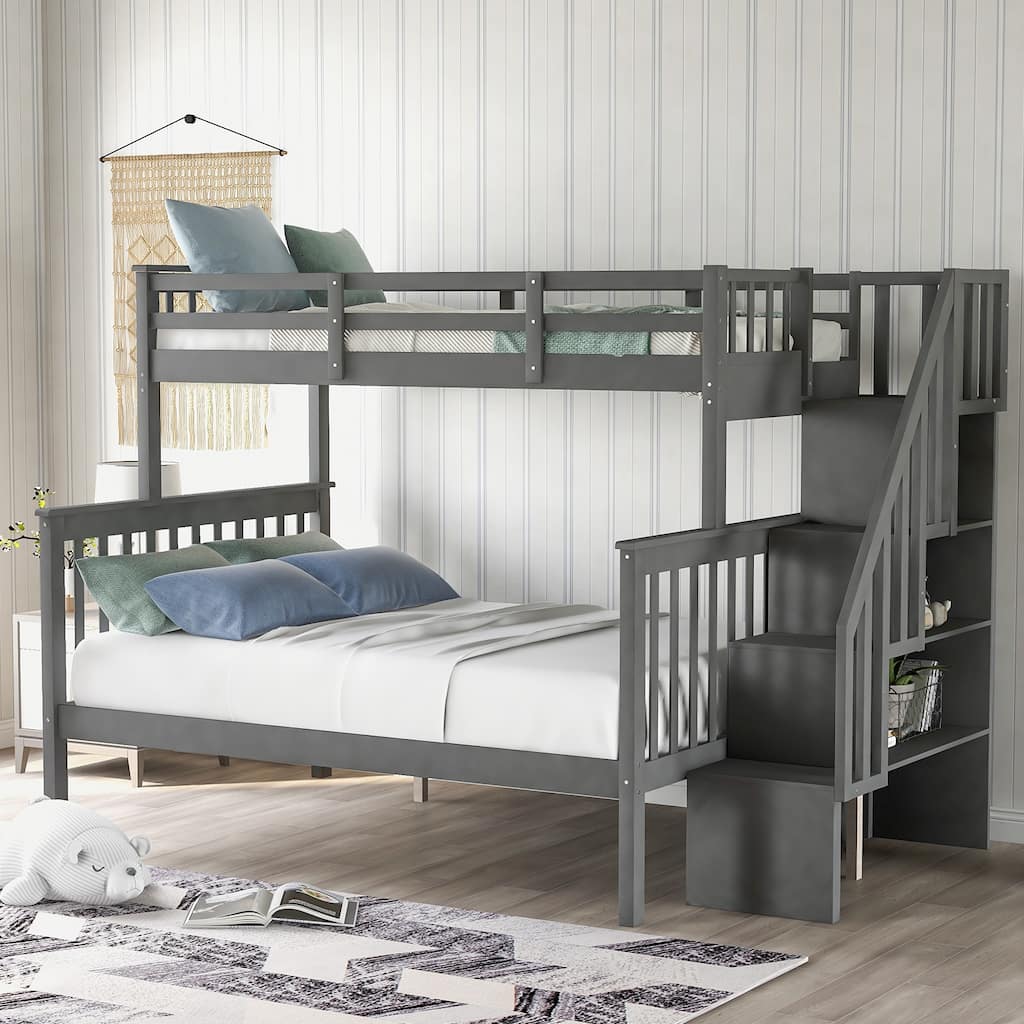 Twin-Over-Full Bunk Bed with Storage Stairs, Guard Rail & Trundle, Gray Finish, No Box Spring Needed
