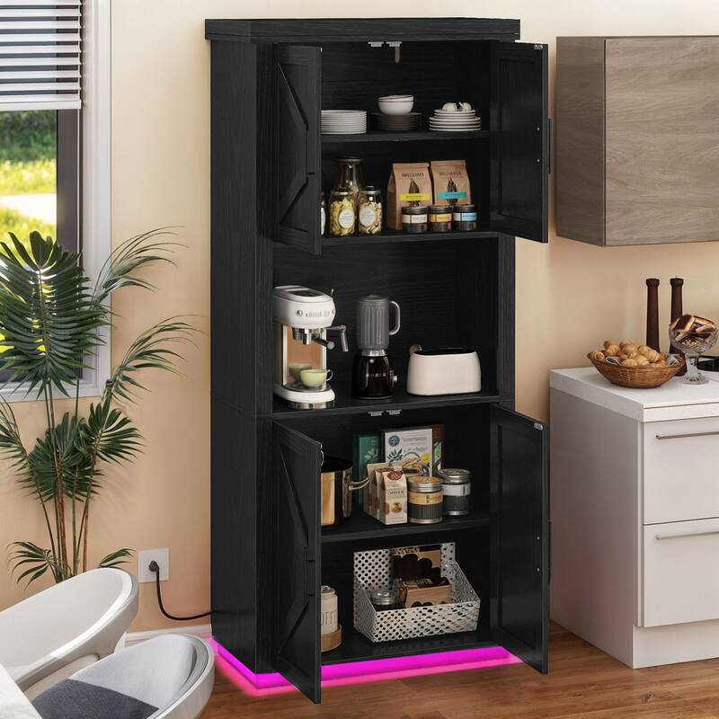 Moasis Farmhouse 71" Tall Kitchen Pantry Cabinet with Lights & Charging Station