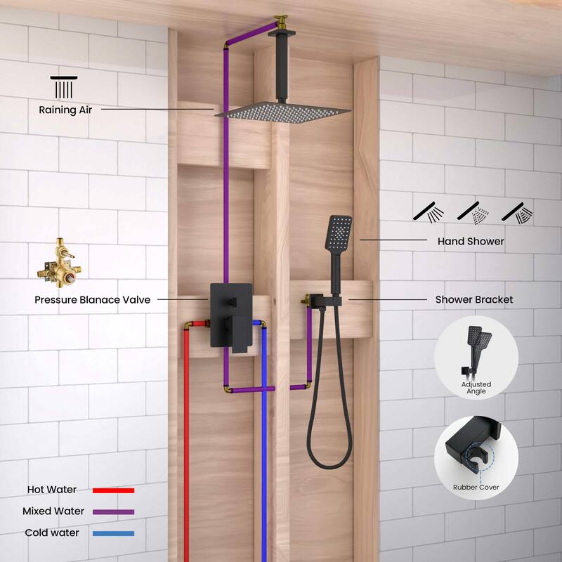 Pressure Balanced Ceiling Mounted 3-Function Shower System with Rough In Valve