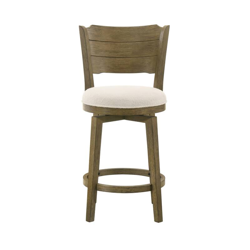 Winsley Coastal Modern Swivel Wood Counter Height Kitchen Bar Stool with White Boucle Fabric Upholstered Seat