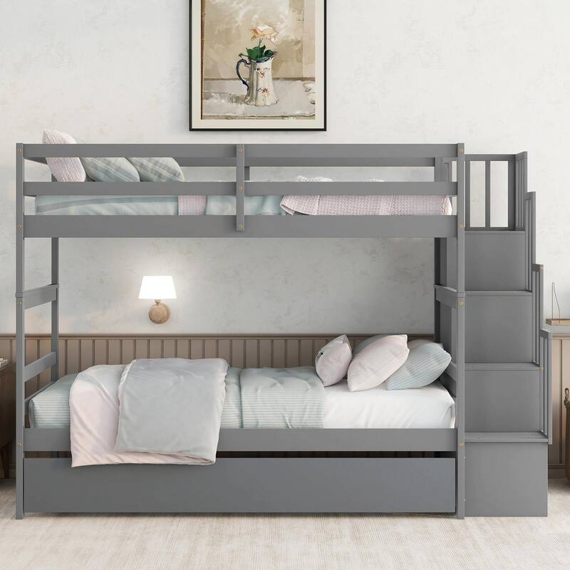 Twin over Twin Bunk Beds with Stairway Storage - Grey