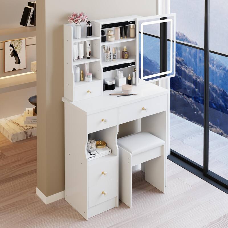 Vanity Desk with Touch Control Sliding LED Mirror, Large Capacity Dressing Table Set, Makeup Table with Cushioned Stool