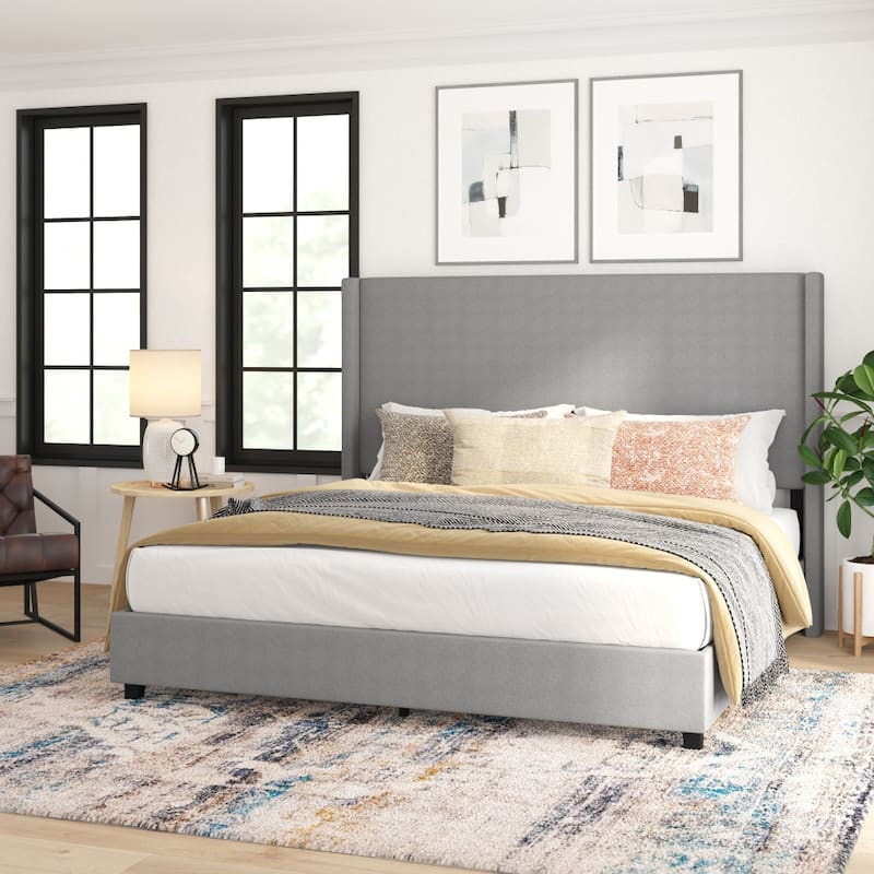 Upholstered Platform Bed with Channel Stitched Headboard - Gray - King