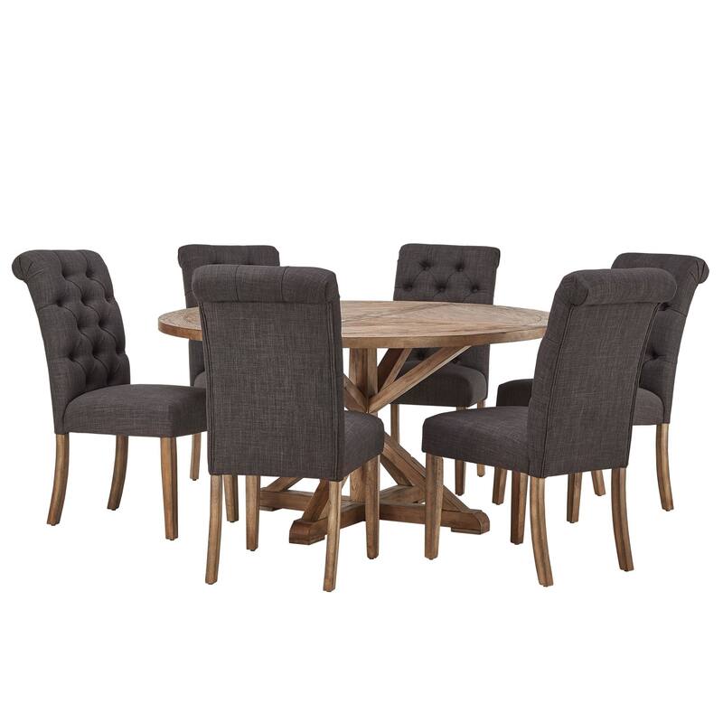 Benchwright Rustic X-base Round Pine Wood Rolled Back 7-piece Dining Set by iNSPIRE Q Artisan - Dark Grey Linen