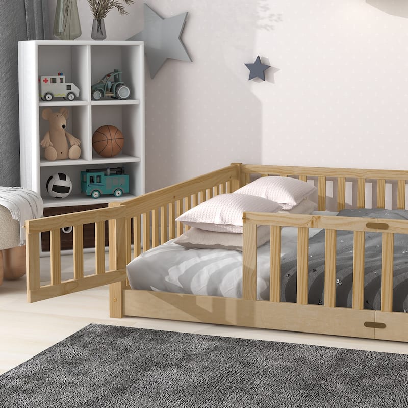 Floor Platform Bed With Fence Guardrails And Door