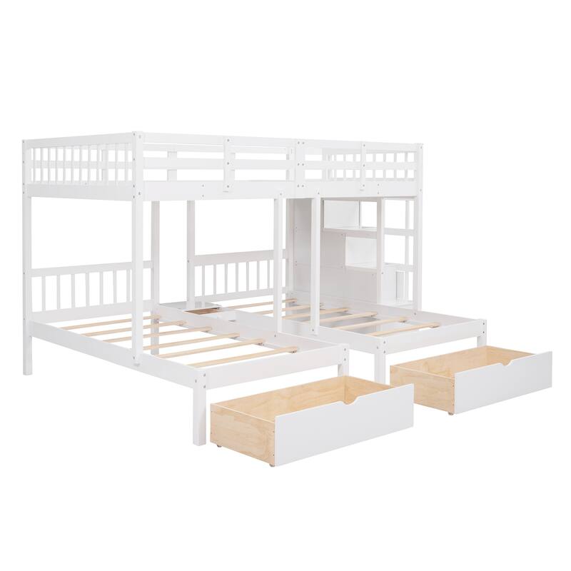 Roomfitters Full Over Twin and Twin Triple Bunk Bed with Storage Drawers, Staircase, White