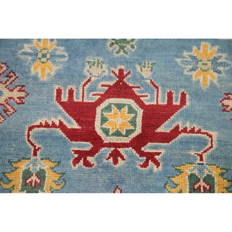 Hand Knotted Oriental 100% Wool Carpet Traditional Geometric Navy Blue & Blues Kazak Area Rug - 9' 6'' X 6' 6''