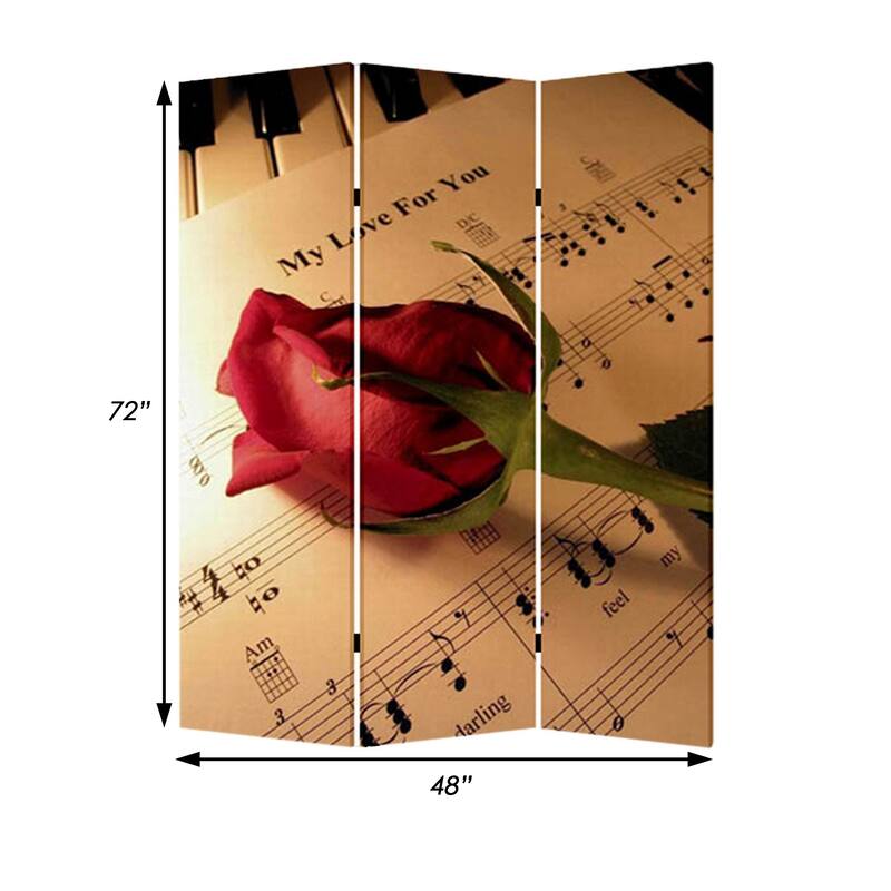 Liva 71 Inch Modern Folding Screen Room Divider, Rose and Sheet Music