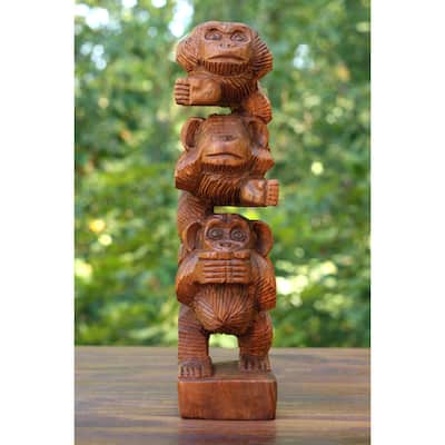 12" Wooden Hand Carved Stacked 3 Monkeys See, Hear, Speak No Evil Figurine Handmade Sculpture Home Decor Handcrafted Wood Statue