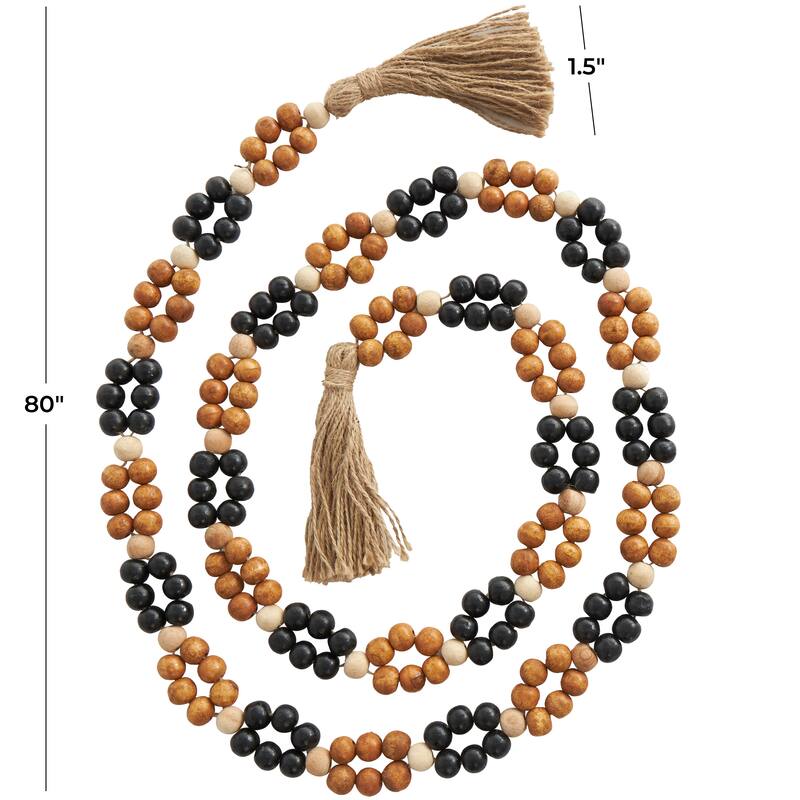 Brown Mango Wood Handmade Round Double Layered Long Carved Beaded Garland with Tassel with Black and Cream Accents